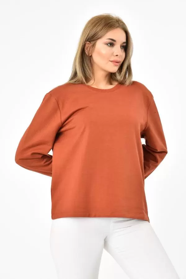 Bisiklet Yaka Uzun Kollu Şardonlu Kiremit Kadın Sweatshirt