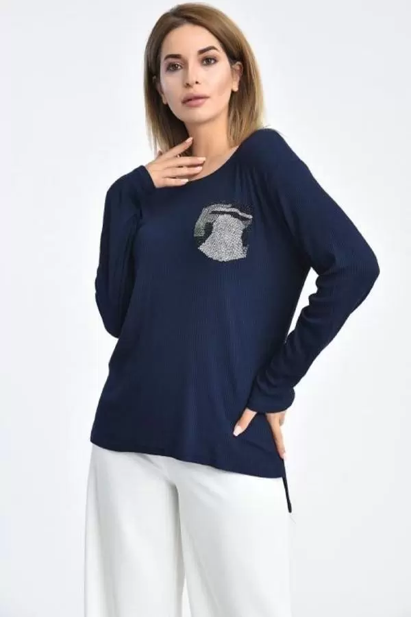 Bisiklet Yaka Uzun Kollu Taşlı Lacivert Triko Kadın Bluz