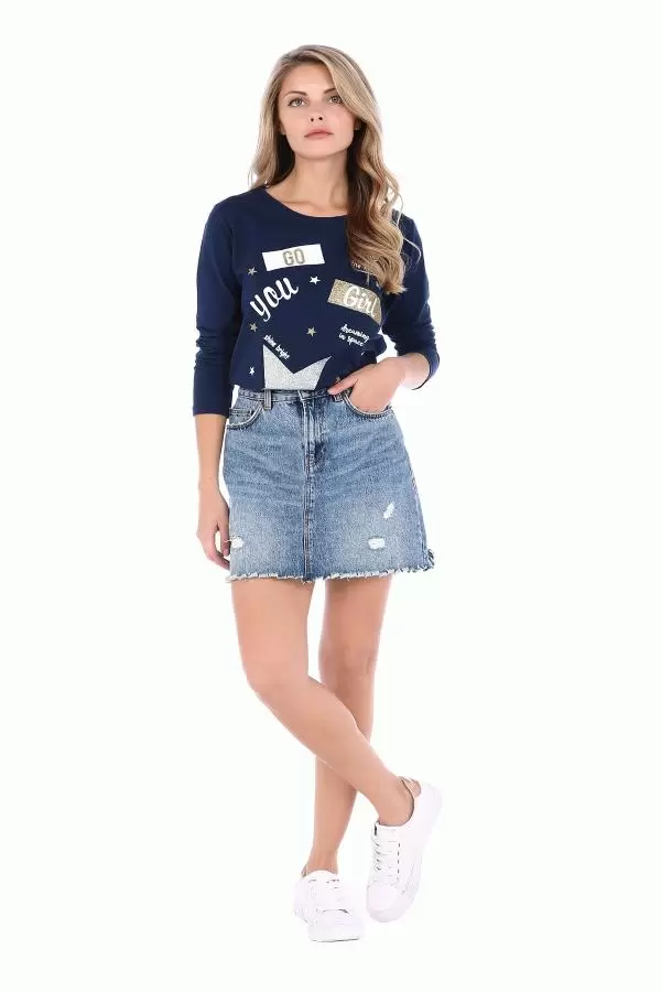 Bisiklet Yaka Uzun Kollu Yıldız Baskılı Lacivert Kadın Tişört