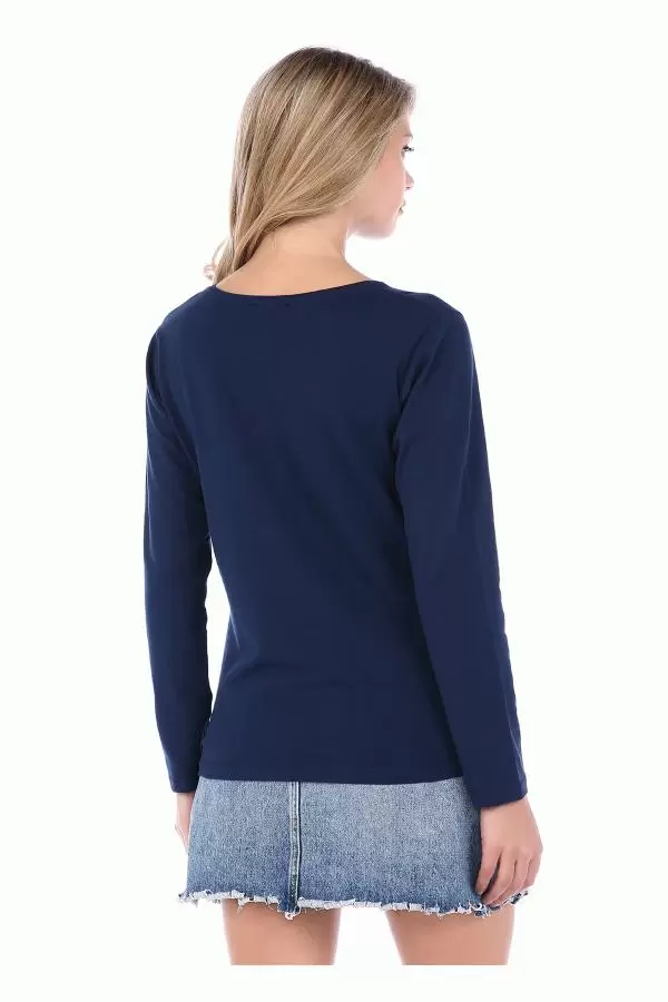 Bisiklet Yaka Uzun Kollu Yıldız Baskılı Lacivert Kadın Tişört