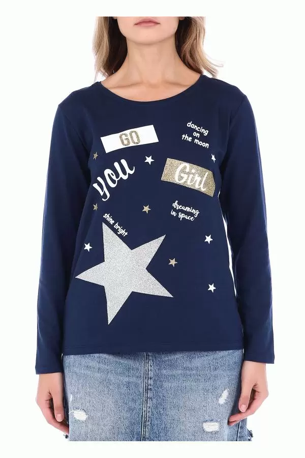 Bisiklet Yaka Uzun Kollu Yıldız Baskılı Lacivert Kadın Tişört