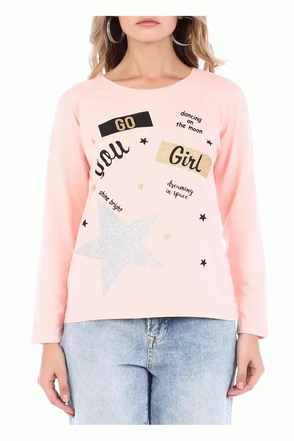 Bisiklet Yaka Uzun Kollu Yıldız Baskılı Pudra Kadın Tişört