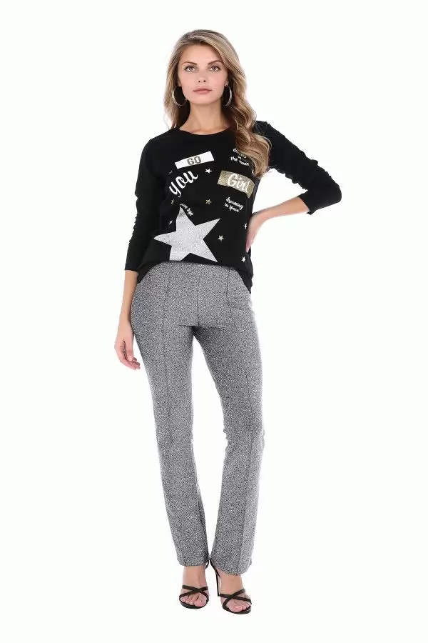 Bisiklet Yaka Uzun Kollu Yıldız Baskılı Siyah Kadın Tişört