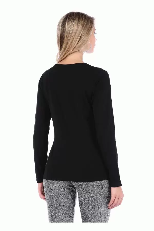 Bisiklet Yaka Uzun Kollu Yıldız Baskılı Siyah Kadın Tişört