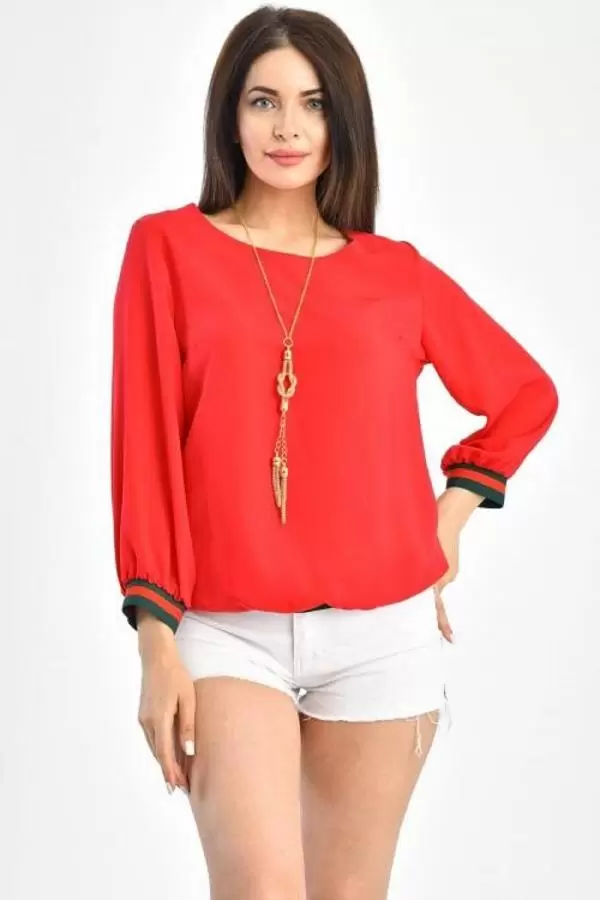 Bisiklet Yaka Uzun Kolu Takı Detaylı Kırmızı Kadın Bluz