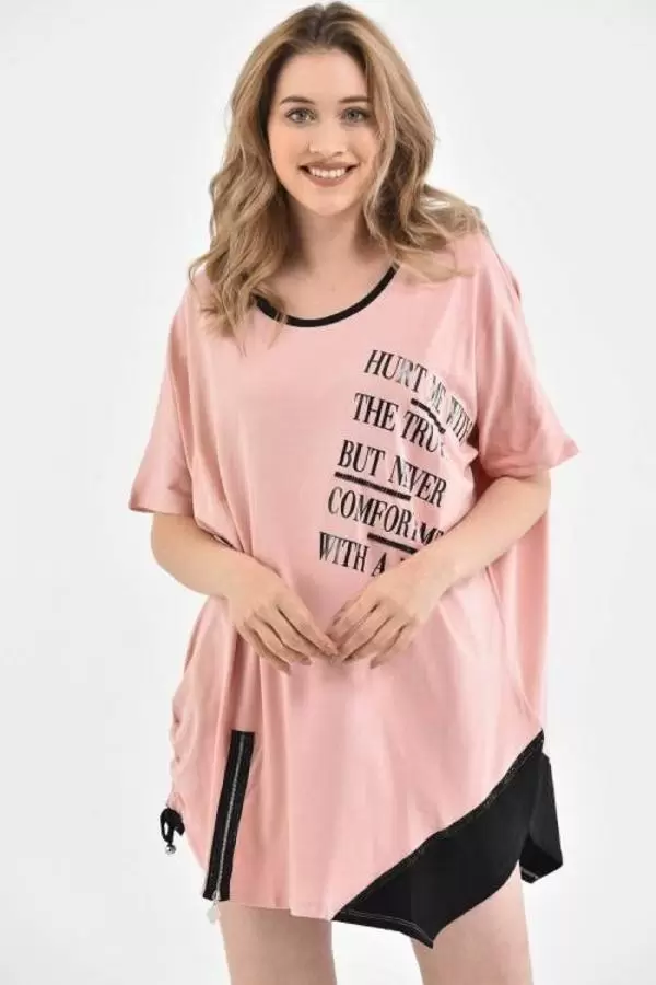 Bisiklet Yaka Yandan Fermuarlı Baskılı ve Taşlı Pudra Kadın Kadın Bluz