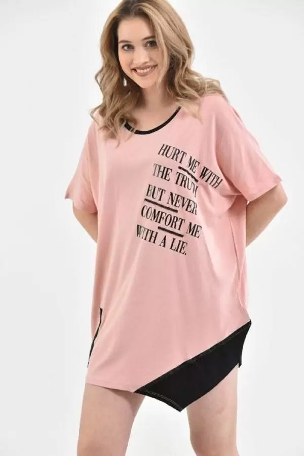 Bisiklet Yaka Yandan Fermuarlı Baskılı ve Taşlı Pudra Kadın Kadın Bluz