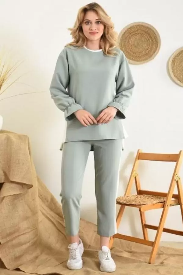 Bisiklet Yaka Yandan Şeritli Mint Alt Üst Kadın Eşofman Takım