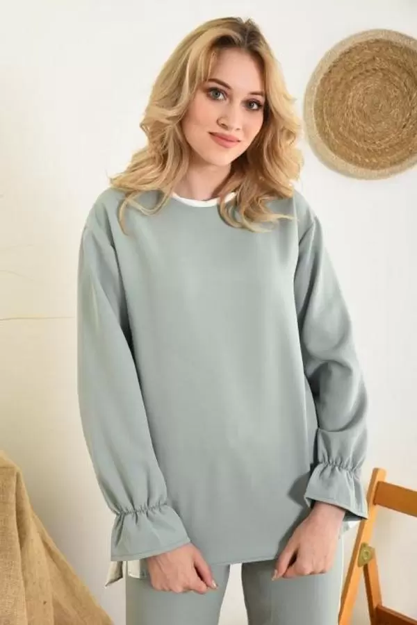 Bisiklet Yaka Yandan Şeritli Mint Alt Üst Kadın Eşofman Takım