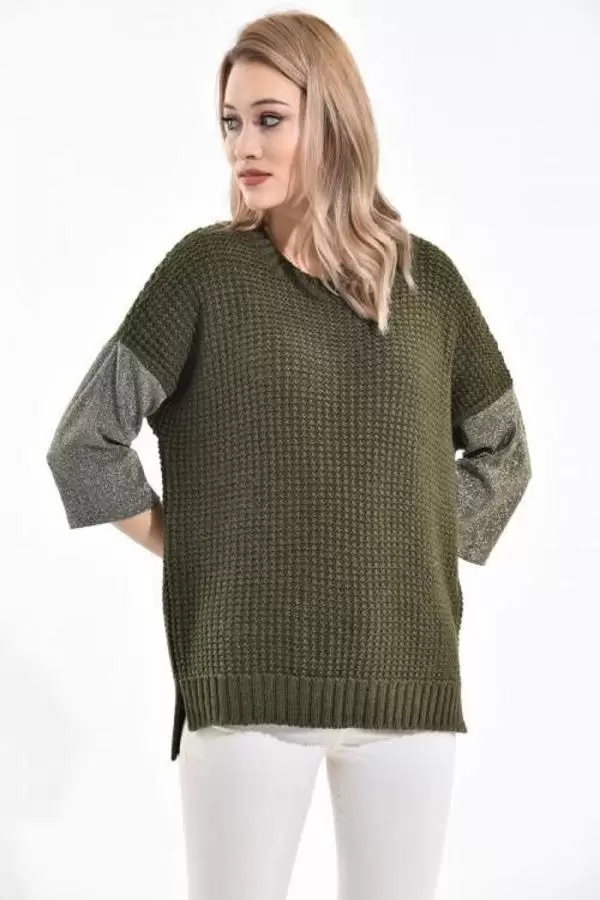 Bisiklet Yaka Zincir Örme Haki Kadın Kazak