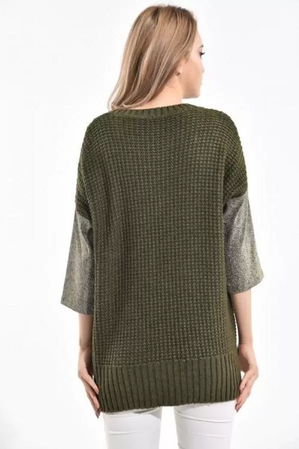 Bisiklet Yaka Zincir Örme Haki Kadın Kazak