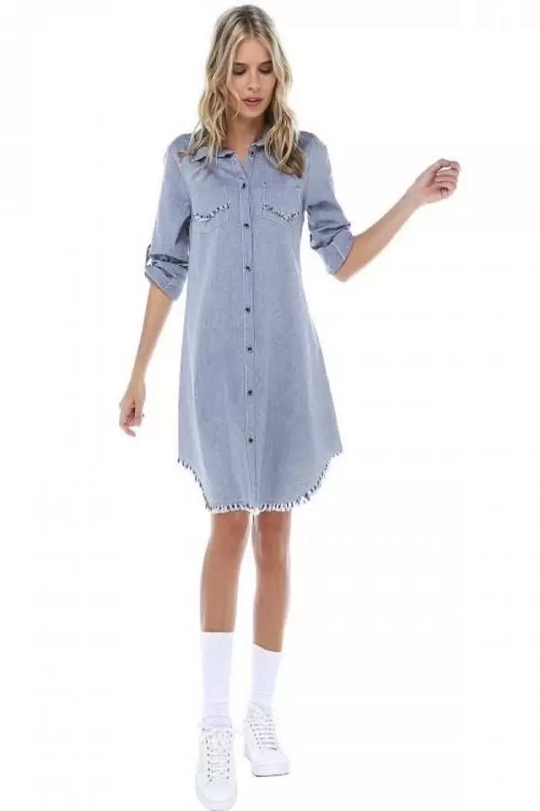 Cep Kenarı Saçaklı Kolları Katlanabilir Gri Kadın Keten Tunik