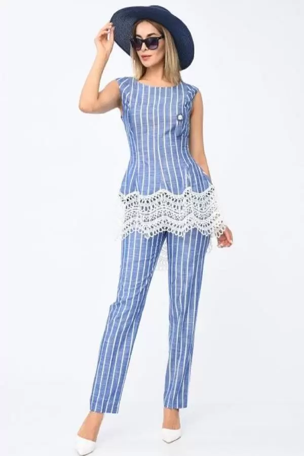 Çizgili Dantel ve Broş Detaylı Mavi Kadın Elbise