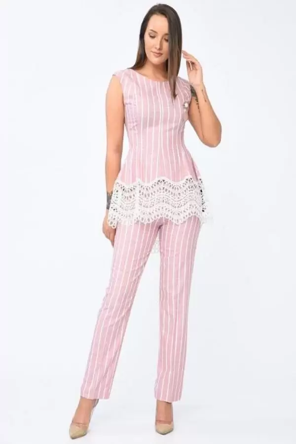 Çizgili Dantel ve Broş Detaylı Pembe Kadın Elbise