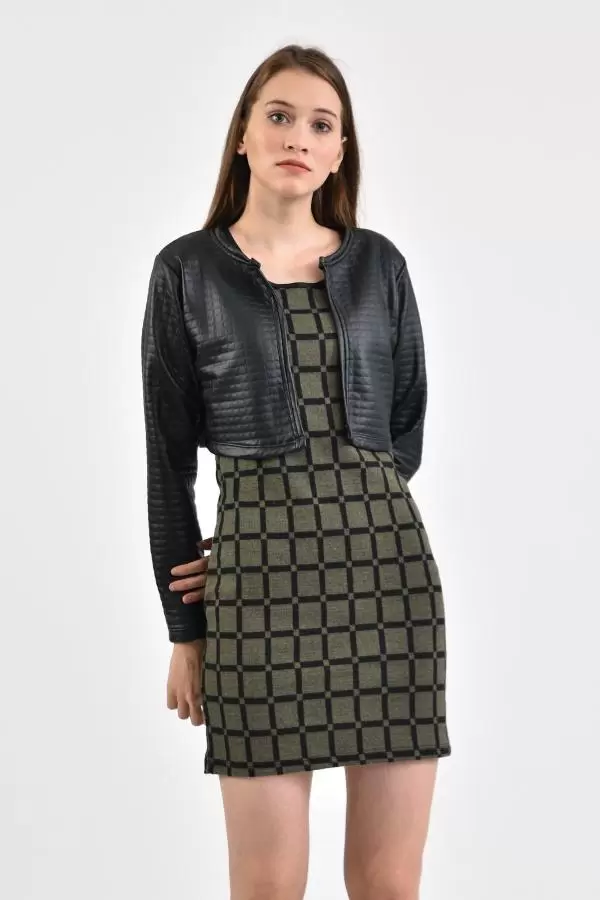Deri Ceketli Siyah Kare Desenli Bisiklet Yaka Haki Kadın Elbise