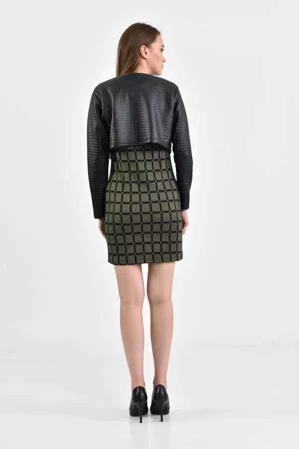 Deri Ceketli Siyah Kare Desenli Bisiklet Yaka Haki Kadın Elbise