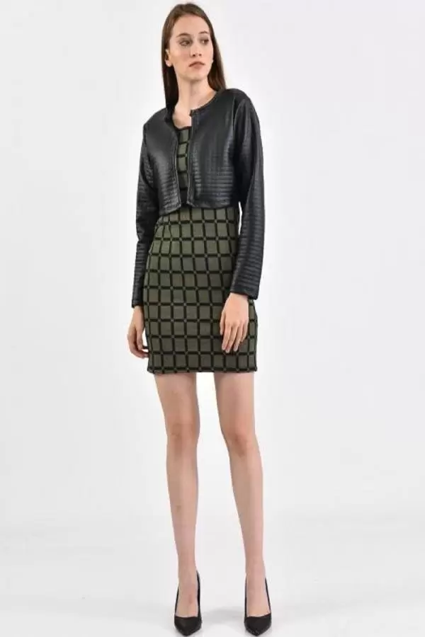 Deri Ceketli Siyah Kare Desenli Bisiklet Yaka Haki Kadın Elbise
