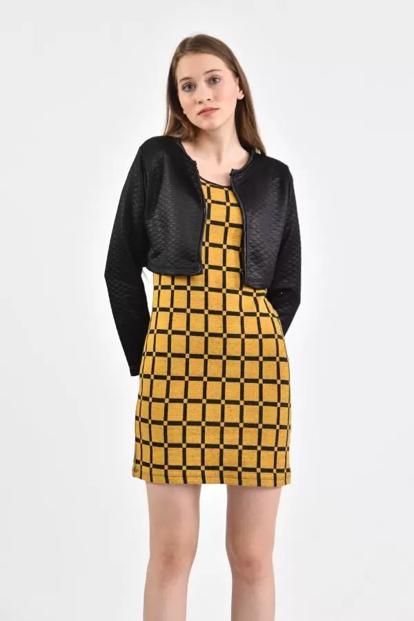 Deri Ceketli Siyah Kare Desenli Bisiklet Yaka Hardal Kadın Elbise