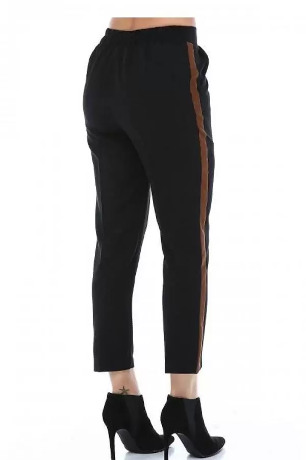 Deri Şeritli Siyah Bilek Kadın Pantolon