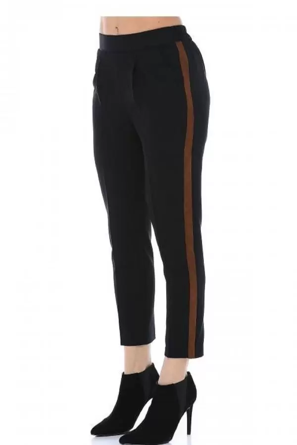 Deri Şeritli Siyah Bilek Kadın Pantolon