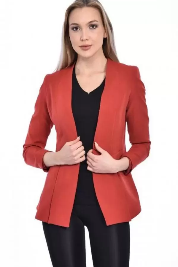 Düğme ve Pile Detaylı Blazer Kiremit Kadın Ceket