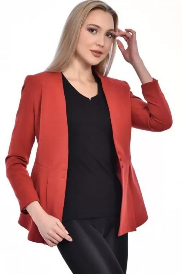 Düğme ve Pile Detaylı Blazer Kiremit Kadın Ceket