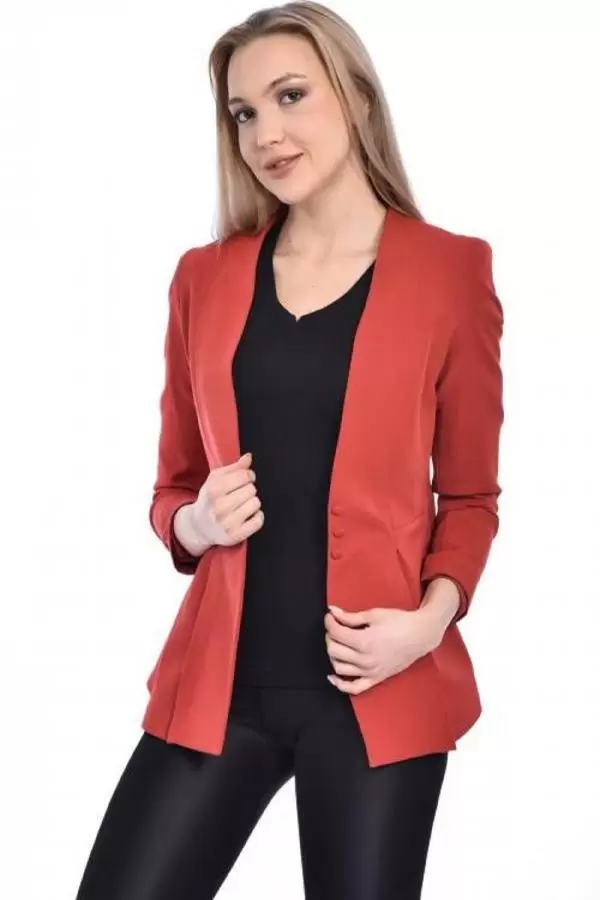 Düğme ve Pile Detaylı Blazer Kiremit Kadın Ceket