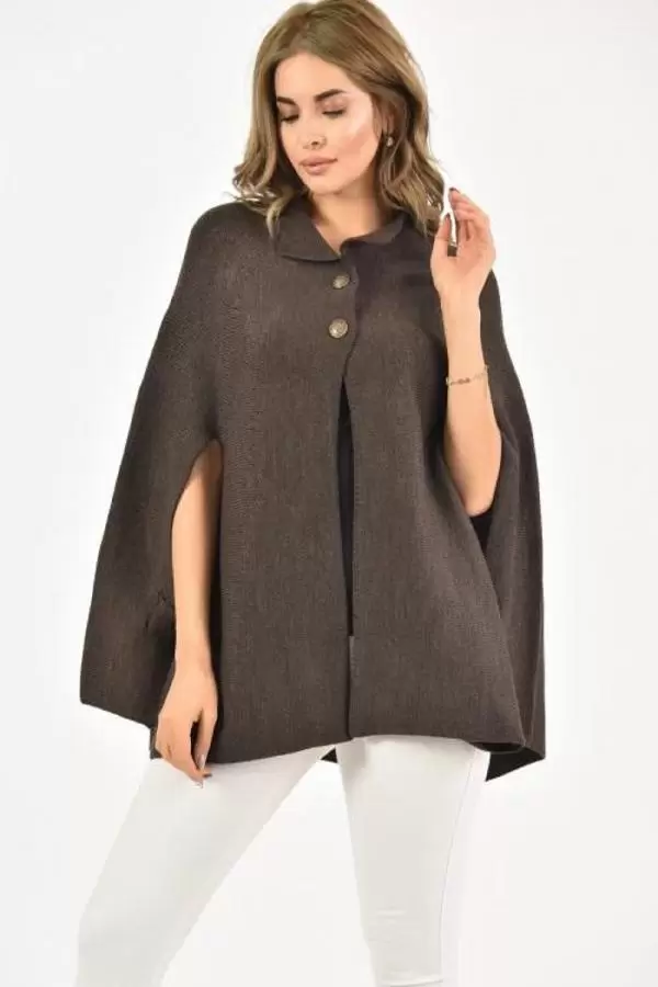 Düğmeli Metalik Örme Kahverengi Kadın Panço