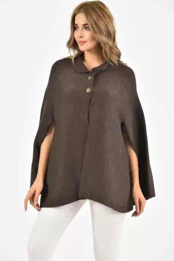 Düğmeli Metalik Örme Kahverengi Kadın Panço