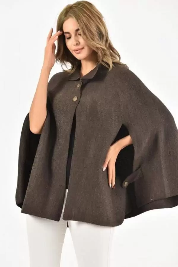 Düğmeli Metalik Örme Kahverengi Kadın Panço