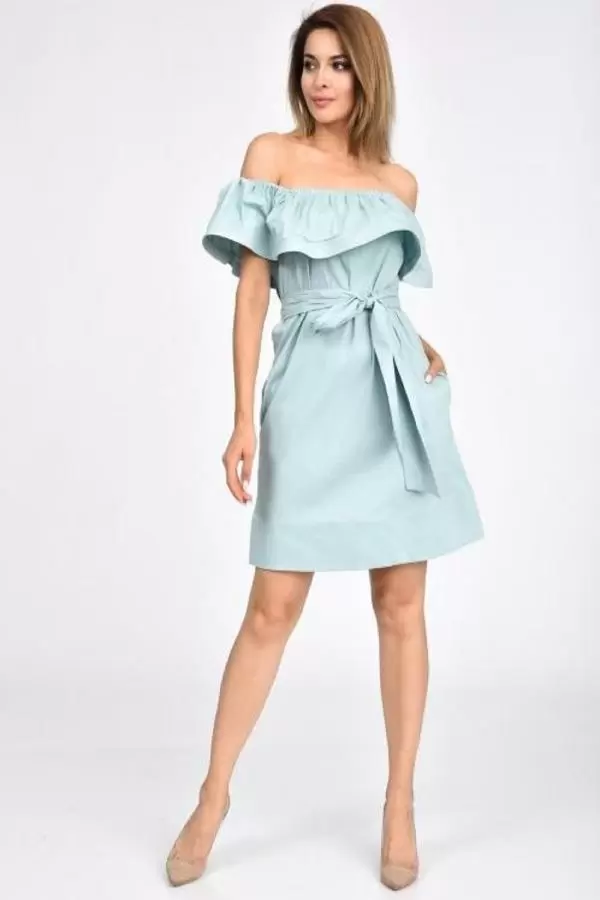 Düşük Omuzlu Volanlı Mint Yeşili Kadın Elbise