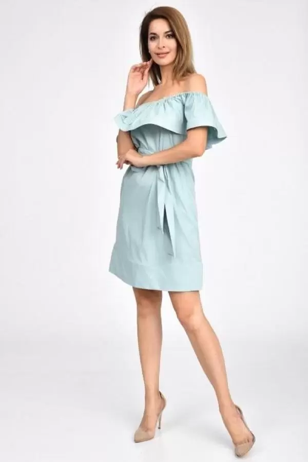 Düşük Omuzlu Volanlı Mint Yeşili Kadın Elbise