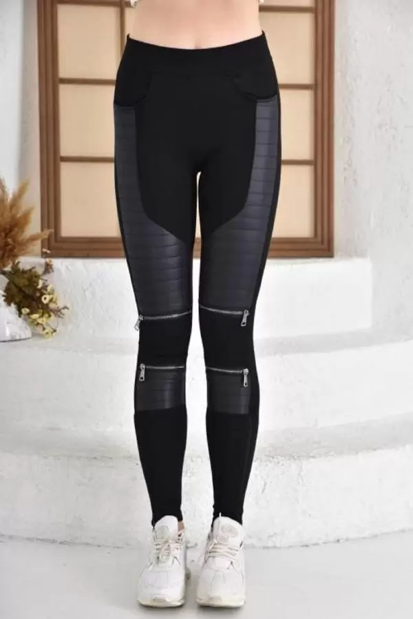 Fermuarlı Gri Şişme Desenli Siyah Kadın Tayt