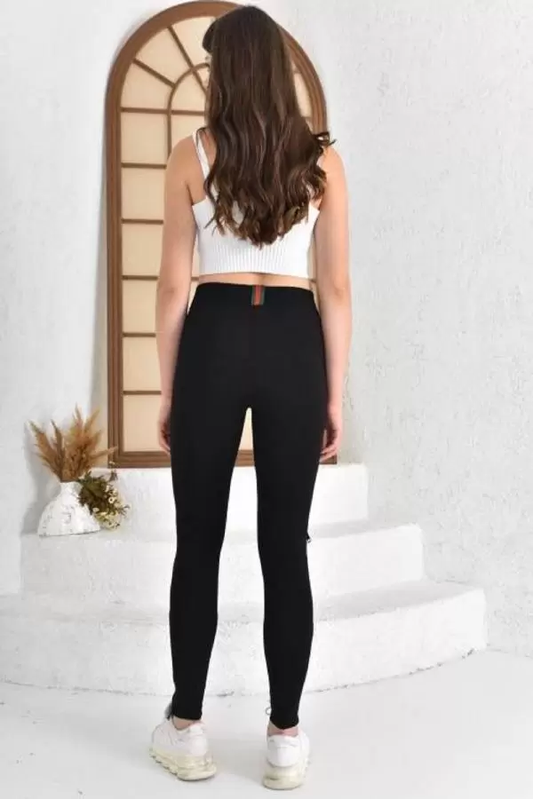 Fermuarlı Gri Şişme Desenli Siyah Kadın Tayt