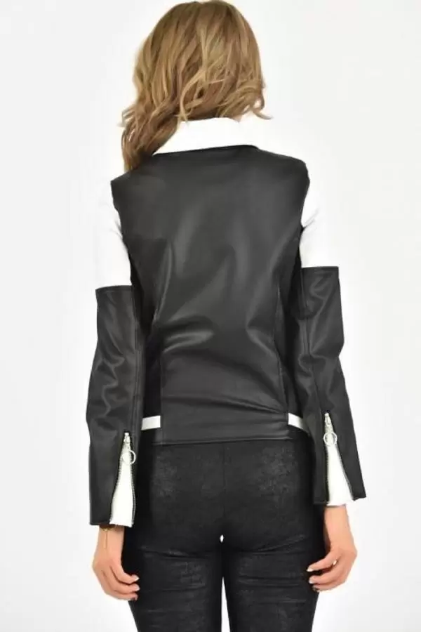 Fermuarlı Siyah Beyaz İki Renkli Kadın Deri Mont