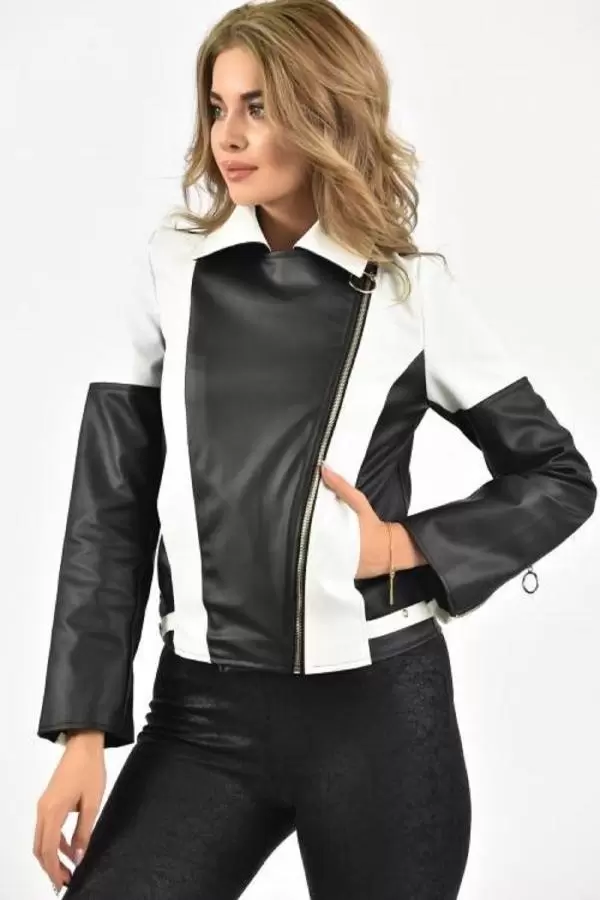 Fermuarlı Siyah Beyaz İki Renkli Kadın Deri Mont