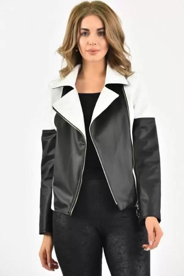 Fermuarlı Siyah Beyaz İki Renkli Kadın Deri Mont