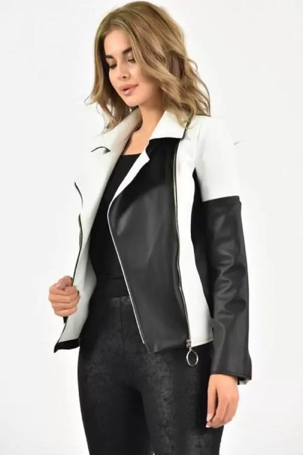 Fermuarlı Siyah Beyaz İki Renkli Kadın Deri Mont