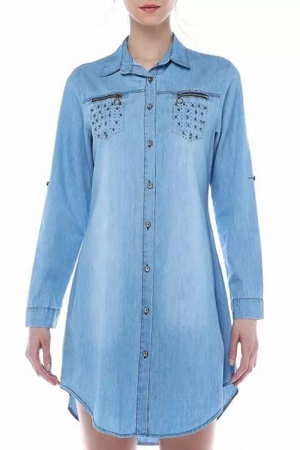 Fermuarlı ve İncili Açık Mavi Kadın Tunik