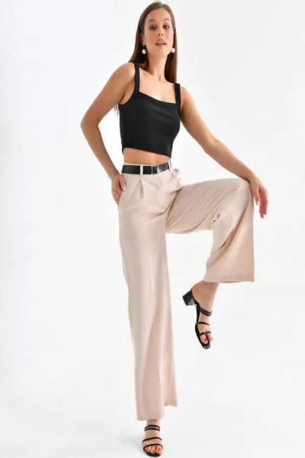 Geniş Paça Kemerli Taş Kadın Pantolon