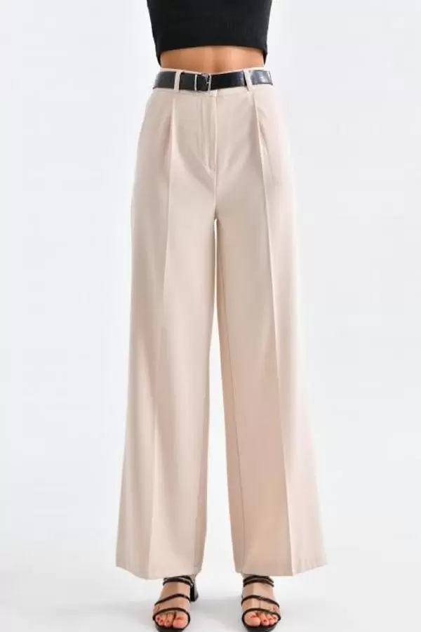 Geniş Paça Kemerli Taş Kadın Pantolon