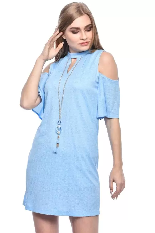 Göğüs Sırt ve Omuz Detaylı Takılı Bebe Mavi Kadın Elbise