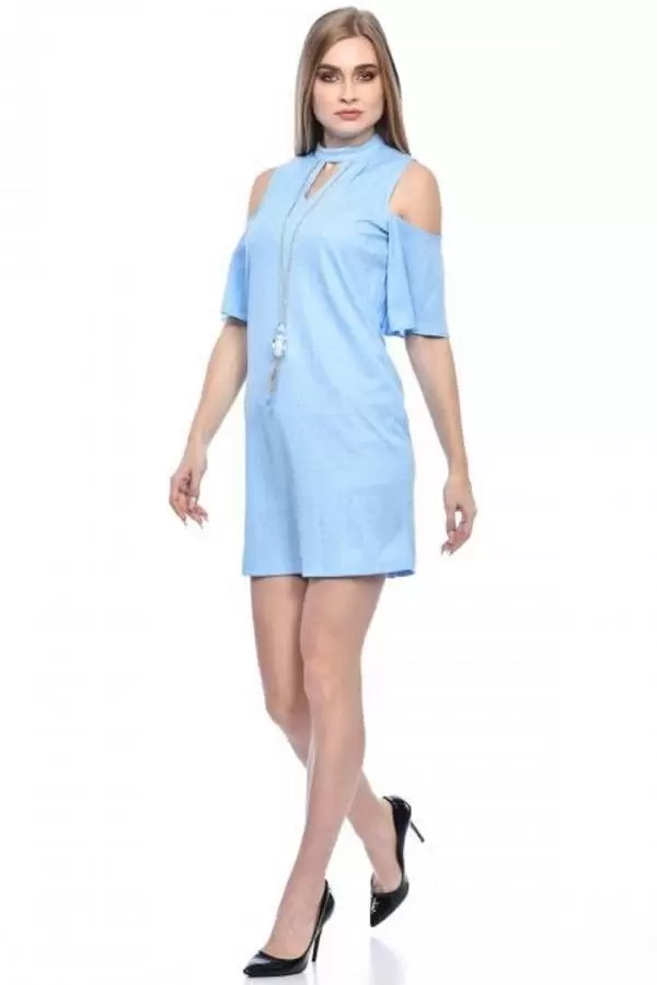 Göğüs Sırt ve Omuz Detaylı Takılı Bebe Mavi Kadın Elbise