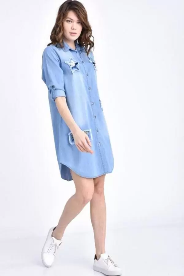 Göğüs Yıldız ve Etek Yamalı Pullu Açık Mavi Kadın Tunik