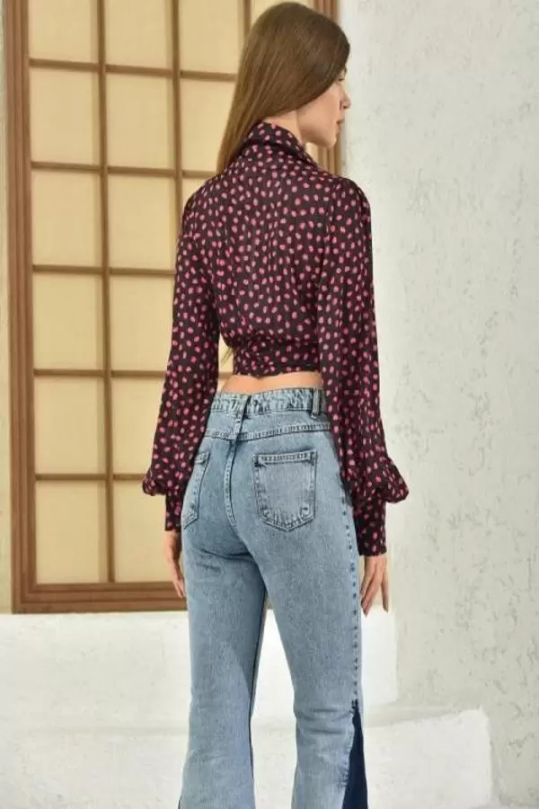 Gömlek Yaka Belden Bağlamalı Pembe Puantiyeli Siyah Kadın Bluz