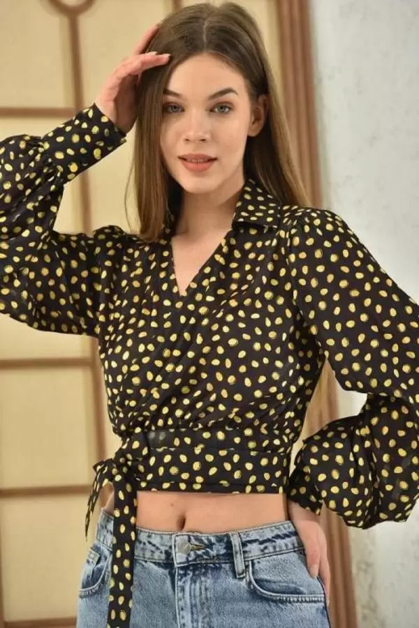 Gömlek Yaka Belden Bağlamalı Sarı Puantiyeli Siyah Kadın Bluz