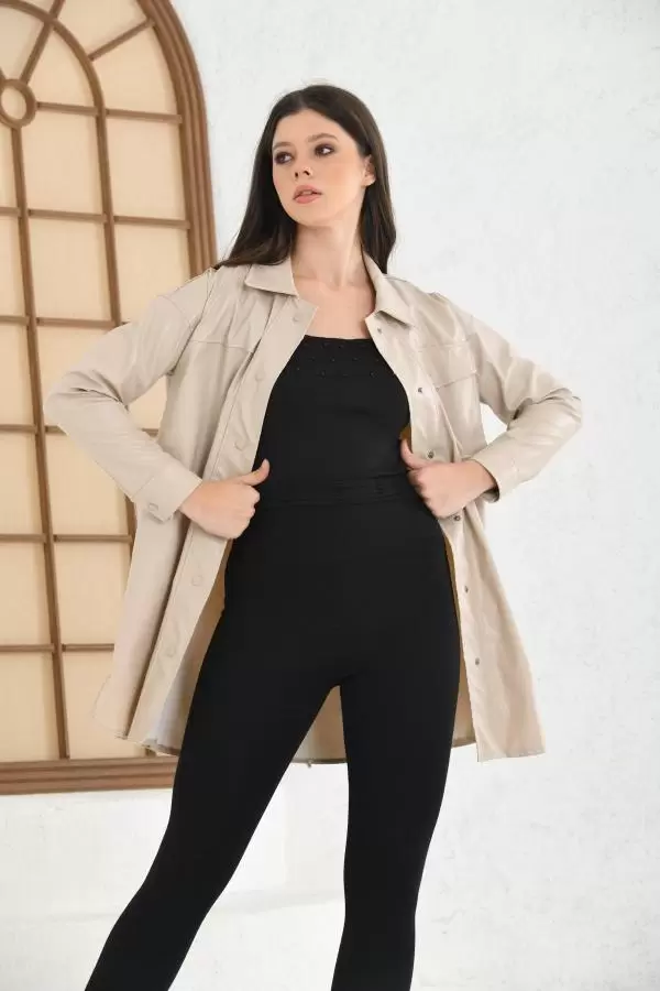 Gömlek Yaka Çıtçıtlı Cepli Bej Kadın Deri Ceket