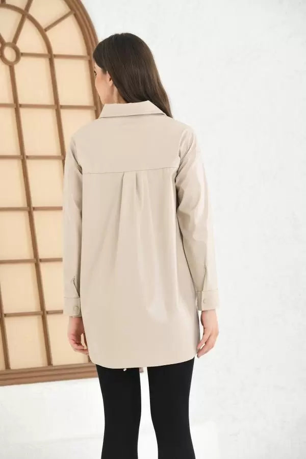 Gömlek Yaka Çıtçıtlı Cepli Bej Kadın Deri Ceket