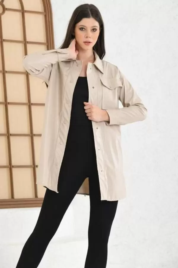 Gömlek Yaka Çıtçıtlı Cepli Bej Kadın Deri Ceket