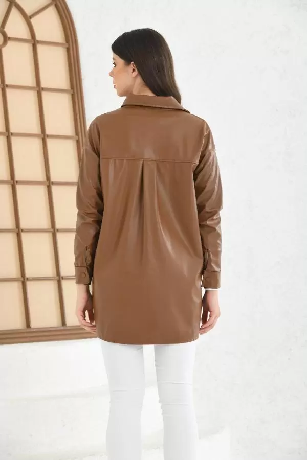 Gömlek Yaka Çıtçıtlı Cepli Kahverengi Kadın Deri Ceket